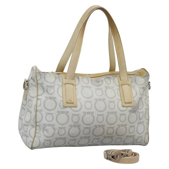 Salvatore Ferragamo Hand Bag Coated Canvas White Beige Silver - Picture 1 of 16